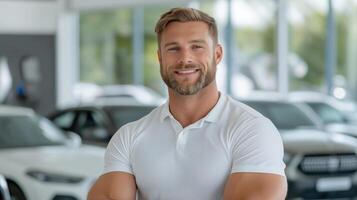 Male car salesman in white polo shirt standing with arms crossed smiling against new cars background. Concept of selling, renting or insuring new cars. photo