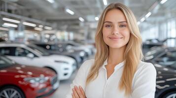 Girl car saleswoman stands with arms crossed smiling against the background of new cars. Concept of selling or insuring new cars. photo