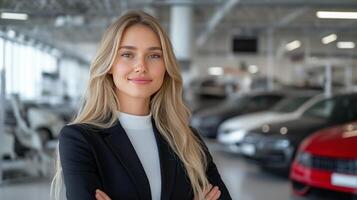 Girl car saleswoman stands with arms crossed smiling against the background of new cars. Concept of selling, renting or insuring cars. photo