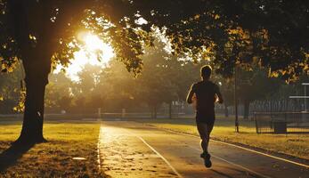 Man Jogging at Sunrise in Park photo