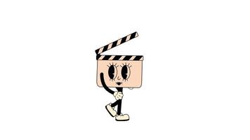 Groovy retro cartoon clapperboard walking in a seamless loop animation, 70s-inspired with transparent background. video