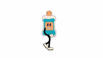 Groovy retro cartoon Mouthwash walking in a seamless loop animation, 70s-inspired with transparent background. video