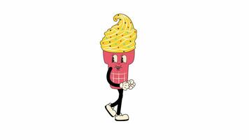 Groovy retro cartoon ice cream walking in a seamless loop animation, 70s inspired with transparent video