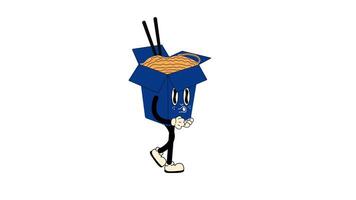 Groovy retro cartoon blue wok box with ramen noodles walking in a seamless loop animation, 70s-inspired with transparent background. video