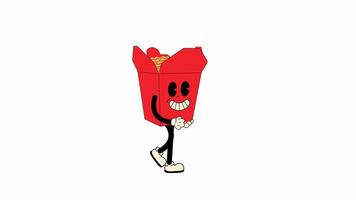Groovy retro cartoon red wok box with ramen noodles walking in a seamless loop animation, 70s-inspired with transparent background. video
