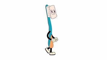 A groovy retro cartoon Toothbrush character walking in a seamless loop animation. Funky 70s-inspired design with a transparent background for easy use in designs and overlays video
