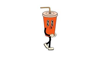 Groovy retro cartoon Soda walking in a seamless loop animation, 70s-inspired with transparent background. video