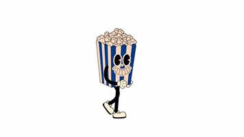 Groovy retro cartoon Popcorn walking in a seamless loop animation, 70s-inspired with transparent background video