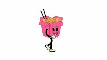 Groovy retro cartoon pink wok box with ramen noodles walking in a seamless loop animation, 70s-inspired with transparent background. video