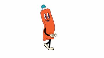 Groovy retro cartoon Toothpaste walking in a seamless loop animation, 70s-inspired with transparent background. video