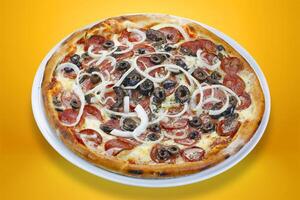 Pizza with olives, pepperoni and onion. photo