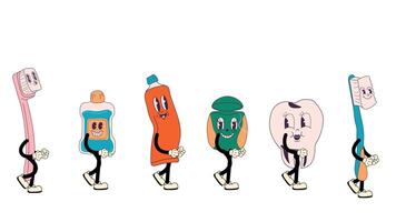 Groovy retro cartoon dental instruments and hygiene items walking in seamless loop animation, 70s-inspired with transparent background video