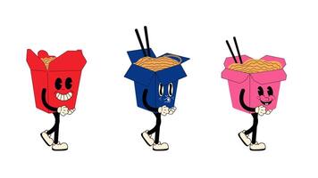 Groovy retro cartoon set of wok boxes with ramen noodles walking in seamless loop animation, 70s-inspired with transparent background. video