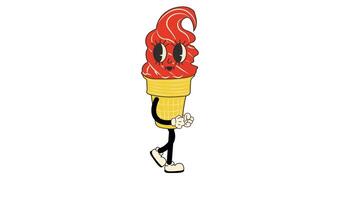 Groovy retro cartoon red ice cream walking in a seamless loop animation, 70s-inspired with transparent background. video