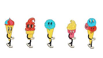 Groovy retro cartoon set of ice cream characters walking in a seamless loop animation, 70s-inspired with transparent background. video