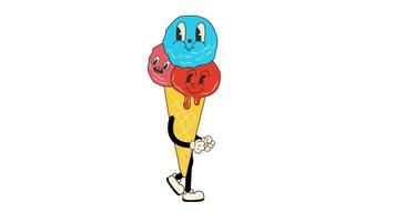 Groovy retro cartoon multicolored ice cream walking in a seamless loop animation, 70s inspired with transparent background video