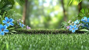 Vibrant Wildflower Garden with Blue Orchids and Lush Green Grass Under Soft Natural Light photo