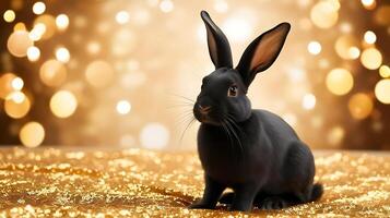 Cute black rabbit sitting on glittering gold surface with bokeh background photo