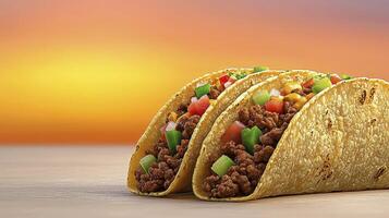 Three Ground Beef Tacos with Sunset Background photo