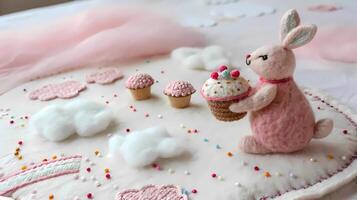 Cute handmade bunny holding cupcake on soft textile scene with clouds photo