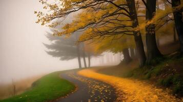 Serene autumn forest path with fallen yellow leaves and fog photo