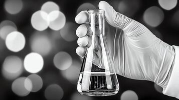 Scientist Holding Glass Flask with Clear Liquid in Laboratory with Bokeh Background photo