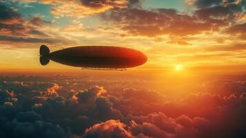 Vintage airship flying above clouds during golden sunset photo