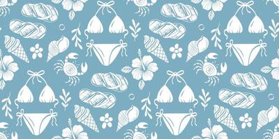 Seamless summer beach pattern with hand-drawn doodle elements. Flip-flops, bikini, ice cream, hibiscus, seashells, crab and tropical plants in white line art on blue background for textile and design. vector