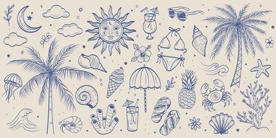 Whimsical boho summer beach doodle set. Tropical palm trees, ocean vibes, sun, hibiscus, cocktails, flip-flops, seashells, ice cream, sea creatures, retro travel elements in blue line art. vector