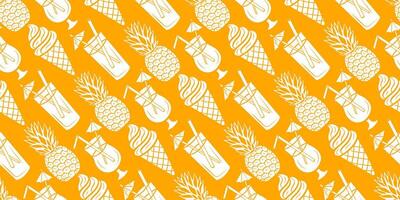 Seamless summer food pattern with hand-drawn doodle pineapples, ice cream cones and tropical cocktails in white line art on vibrant orange background. Fun and fruity design for summer projects. vector
