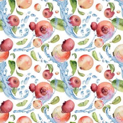 Cranberry lingonberry green leaves flying in water dew drops splash, ripe forest berry teaberry bearberry. Isolated seamless pattern, watercolor hand drawn. Textile paper, farmers market dessert menu