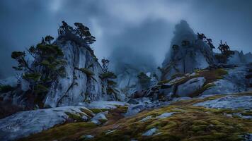 A mountain with trees and rocks in the fog photo