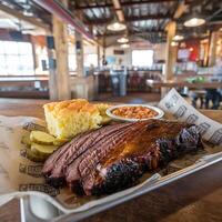 A tray of ribs and cornbread sits on a table photo