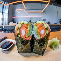 A sushi roll with salmon and cucumber on a wooden table photo