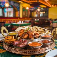 A table with a tray of food on it photo