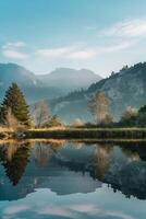 A lake with trees and mountains reflected in it photo