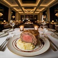 A large steak is sitting on a plate on a table photo