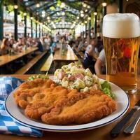A plate of food with a beer and a fork photo