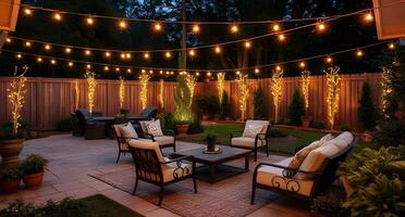 A backyard patio with string lights and furniture photo