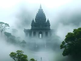 A man stands on a path in front of a temple photo
