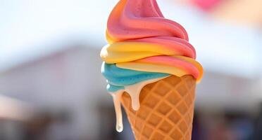 A colorful ice cream cone with a rainbow swirl photo