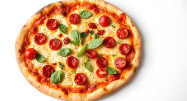 A pizza with tomatoes and basil on a white background photo