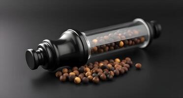 A bottle with black pepper and brown seeds photo