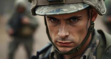 A soldier is looking at the camera in this image photo