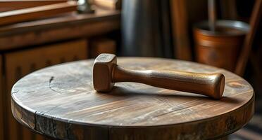 A hammer sitting on top of a wooden table photo