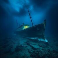 An old ship is floating in the ocean photo