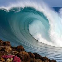A large wave is breaking on the shore photo