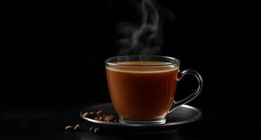 A cup of coffee with steam on a black background photo