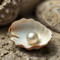 A pearl in a shell on a rock photo
