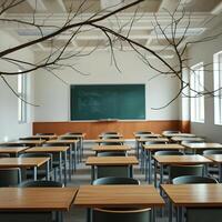 Empty classroom with desks and chairs photo